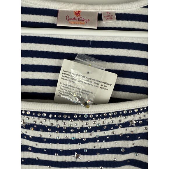 NWT Quacker Factory Blue White Striped Top Size XL Rhinestones 3/4 Sleeve - Picture 4 of 17